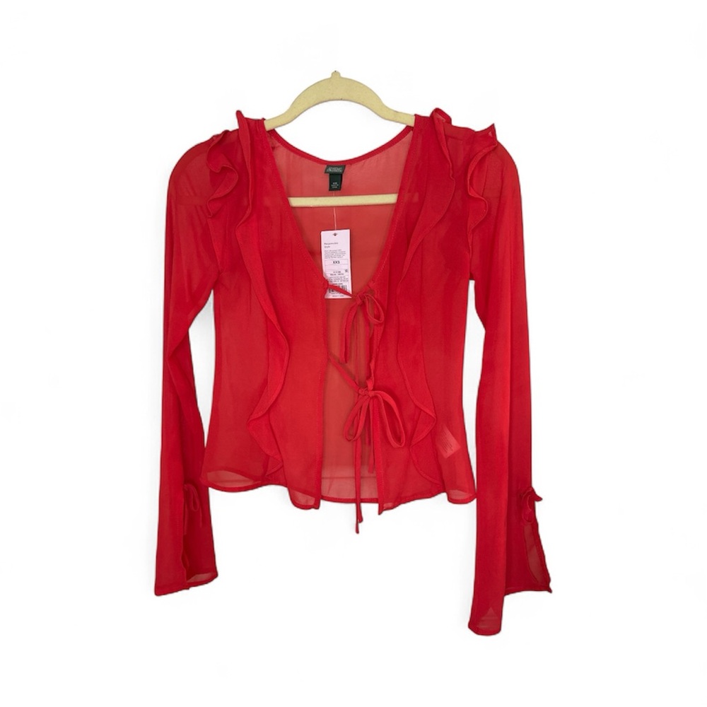 Elegant Red Ruffle Tie-Front Blouse